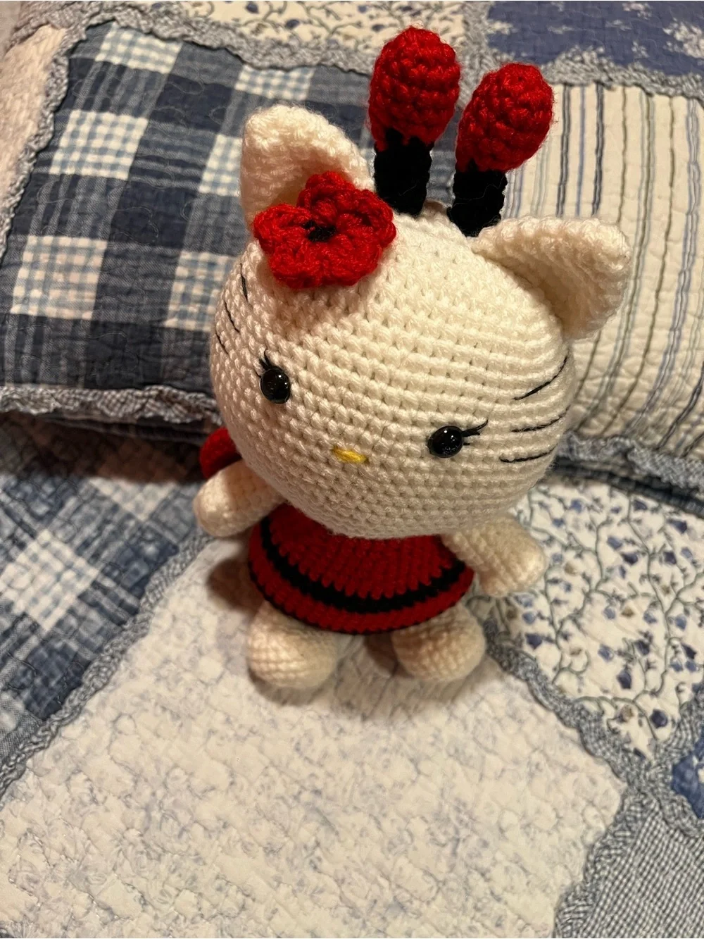 Handmade White & Red Crocheted Cat Toy for Cats